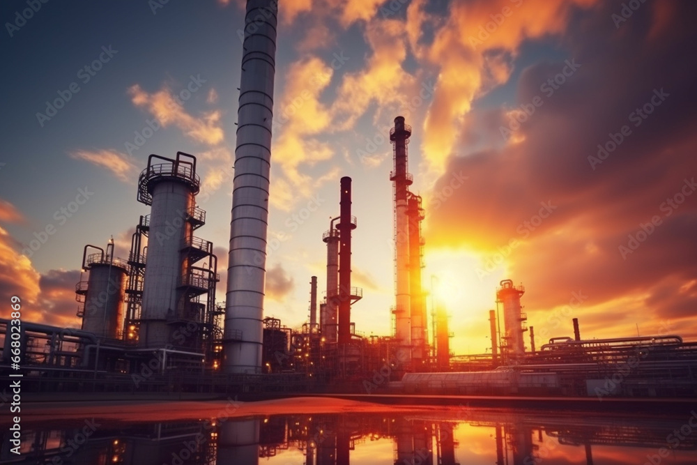 Fototapeta premium Oil refinery plant form industry zone with sunrise and cloudy sky. equipment steel pipes plant