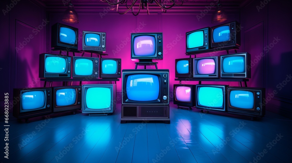 Old vintage television screens in blue and violet colors on the floor in a room - obrazy, fototapety, plakaty 