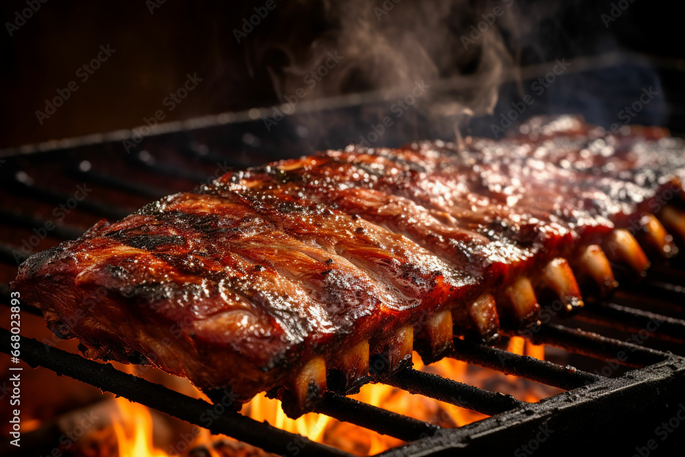 a close up of a rack of ribs on a grill a close up of a rack of ribs on a grill