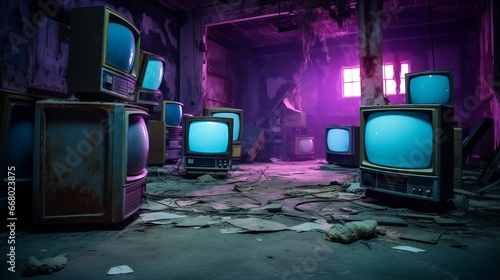 Old vintage television screens in blue and violet colors on the floor in a room