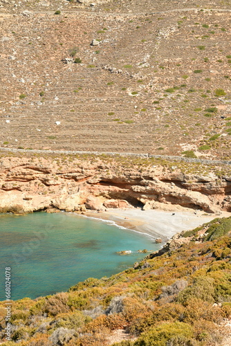 Small Beach on Greek Island Kalymnos rock sand blue water
