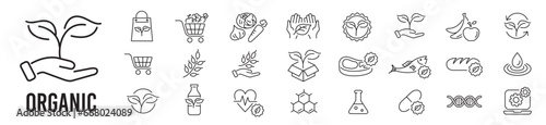Organic Natural Farming Vegetarian Vegan Food Agriculture  icon set collection vector editable stroke.