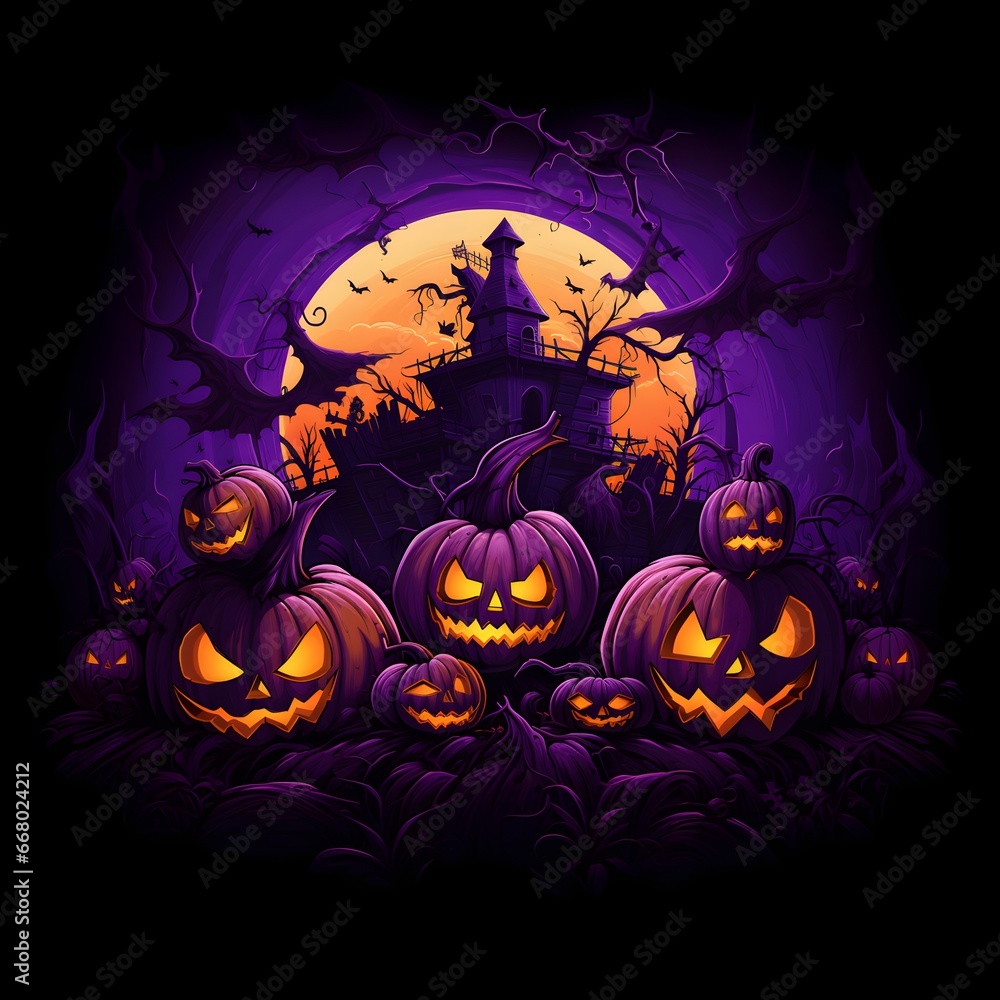 Halloween t-shirt design with haunted house, pumpkin heads and bats on violet background.