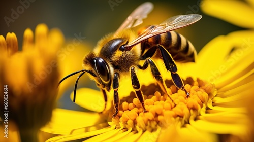 Close up honeybee fly over on yellow helenium flowers at morning. AI generated image