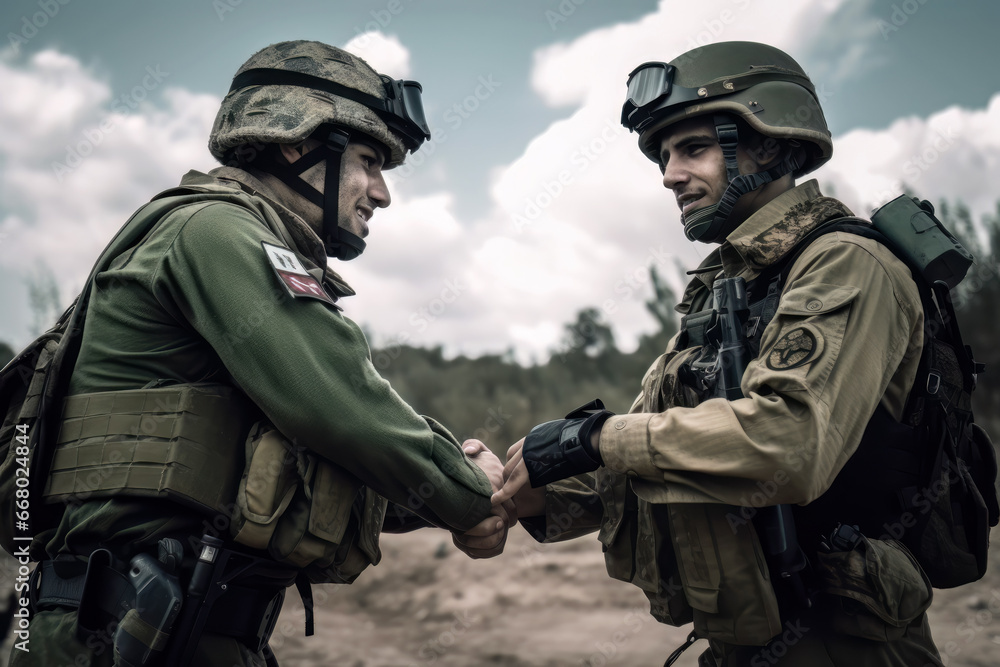 Fototapeta premium Two warring soldiers shake hands and make peace on battlefield