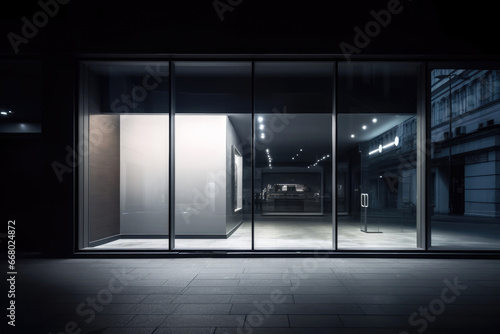 Empty store window by night in a city