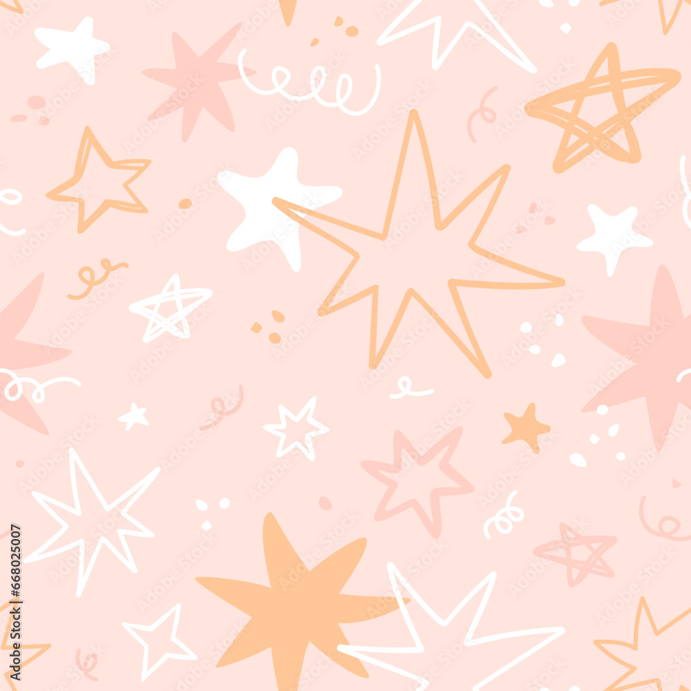Hand drawn stars seamless pattern in pastel pink and golden colors. Christmas, birthday background with doodle geometric free forms, squiggles, abstract shapes. Vector illustration, naive art. Hand drawn stars seamless pattern in pastel pink and golden colors. Christmas, birthday background with doodle geometric free forms, squiggles, abstract shapes. Vector illustration, naive art.