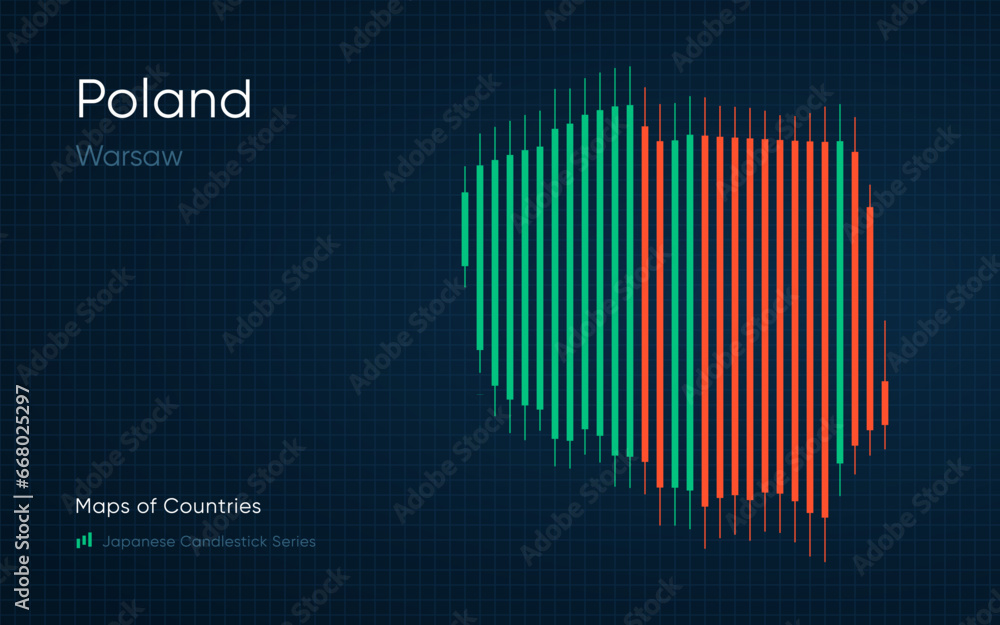 Poland map is shown in a chart with bars and lines. Japanese candlestick chart Series Poland map is shown in a chart with bars and lines. Japanese candlestick chart Series