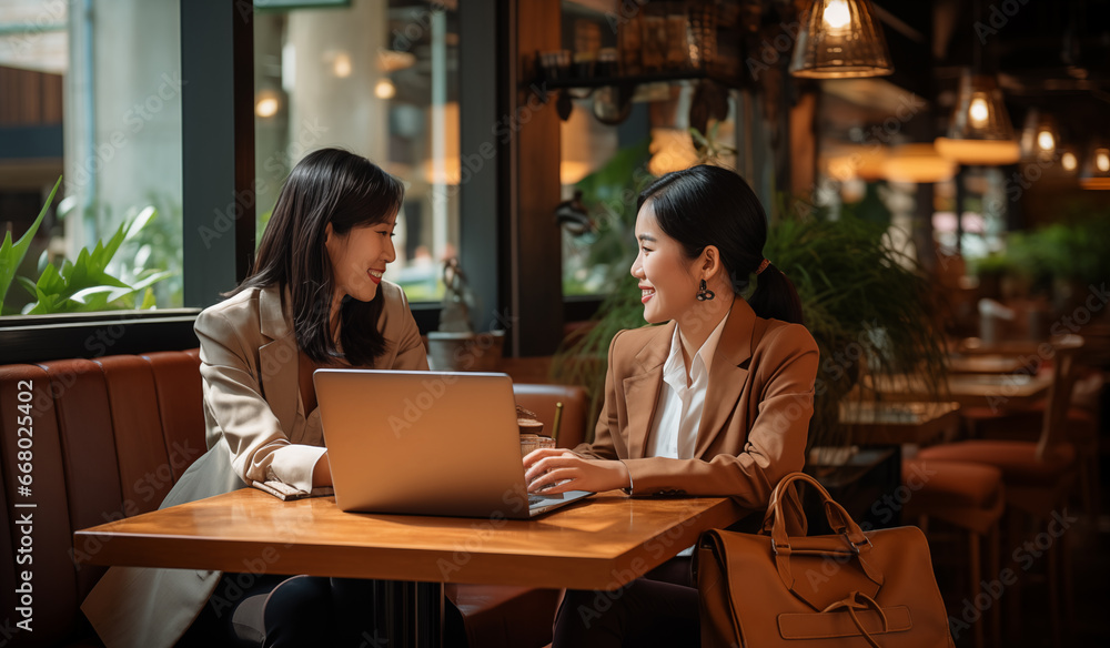 Two Businesswomen Collaborating at a Cafe Two Businesswomen Collaborating at a Cafe