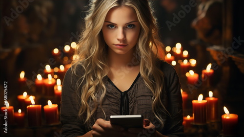 Portrait of woman with mobile phone in hands against background of many candles at night. Love spell for men online concept. AI generated