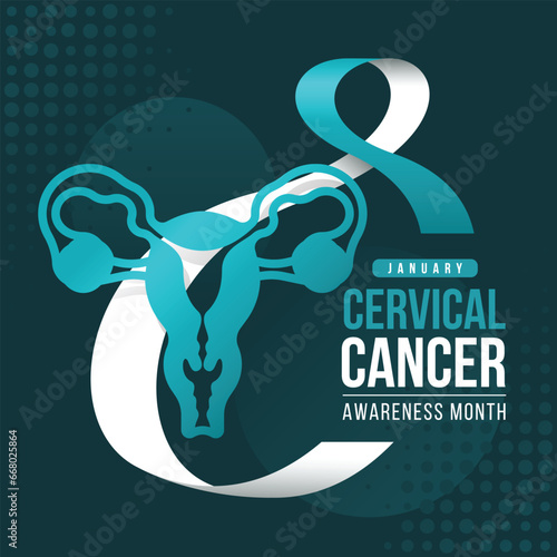 Cervical Cancer Awareness Month - Text and teal uterus sign with teal white cancer awareness ribbon roll around on dark background vector design