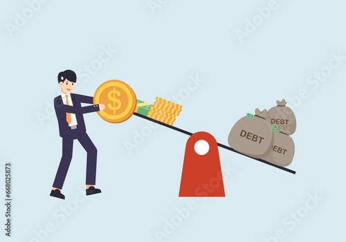 Trying to pay off a large debt, a person is putting money to pay the debt on the scale, vector illustration.