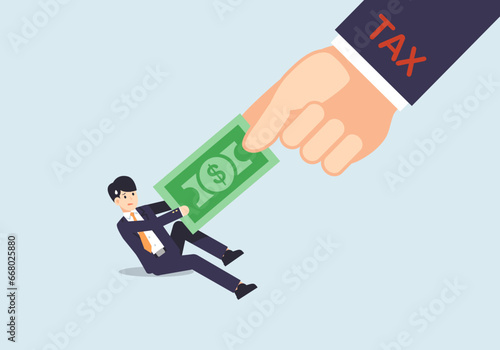 Paying taxes to the government, individuals having their money taken away by tax collectors, vector illustration.