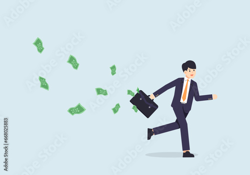 There is a lot of money, financial freedom, a person is running and money is flying, vector illustration.