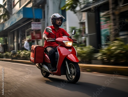Food Delivery Driver of a moto bike with a backpack on his way to deliver meals