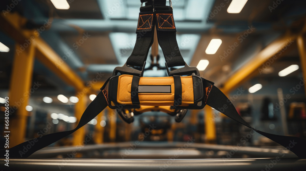 Suspension trainer secured to gym beam.