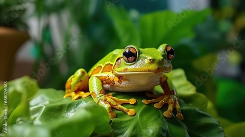Gliding frog, flying frog pose on leaves blurred nature background. AI generated image