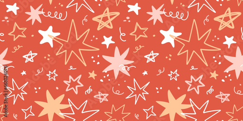 Doodle stars seamless pattern. Christmas, birthday red background with hand drawn geometric free forms, squiggles, abstract shapes. Vector illustration, naive art. Cheerful vintage banner.