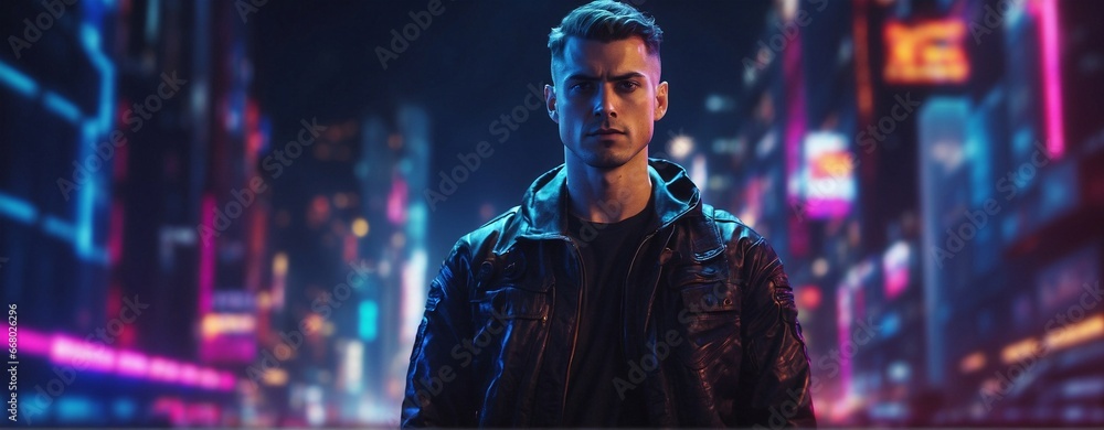 A wide angle shot of a man standing in front of a blurred cyberpunk city panorama with bright neon lights.