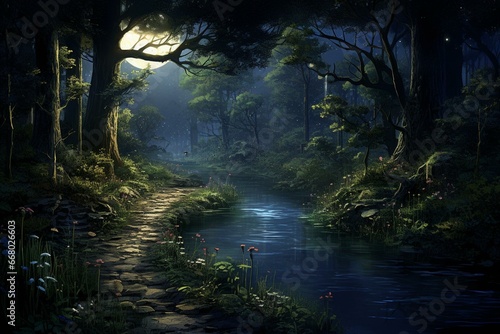 Enchanting moonlight in serene woods. Generative AI