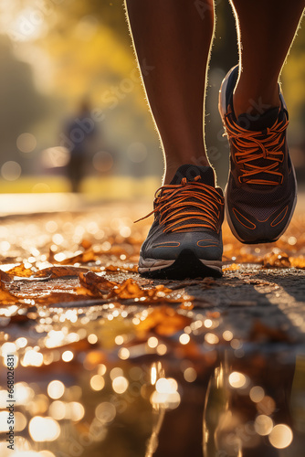 Close-up at the runner feet is jogging at the public park in autumn environment with morning sunlight background. Sport activity concept scene.