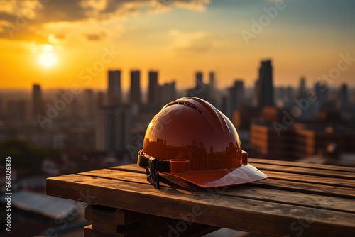 A construction worker safety helmet or hardhat is placed on rooftop of the tower with background of city during orange sunlight shade. Industrial working PPE, safety in workplace scene.