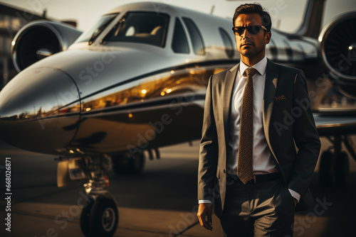 A handsome business man in black suit is standing in front of private jet. Successful businessman or millionaire person concept scene. photo