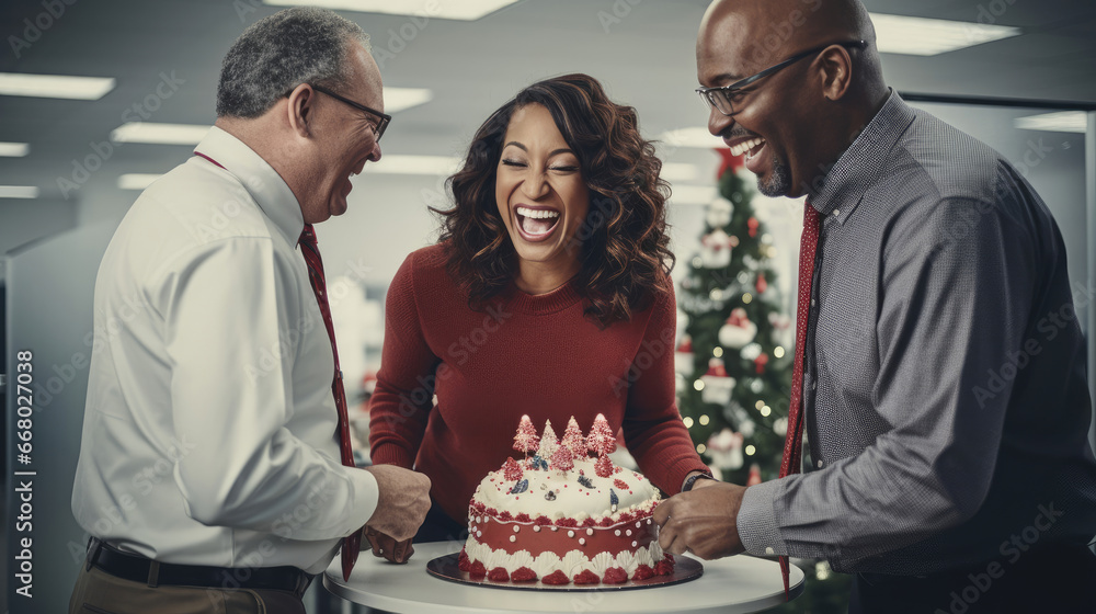 Manager employees festive cake camaraderie celebration. Manager employees festive cake camaraderie celebration.