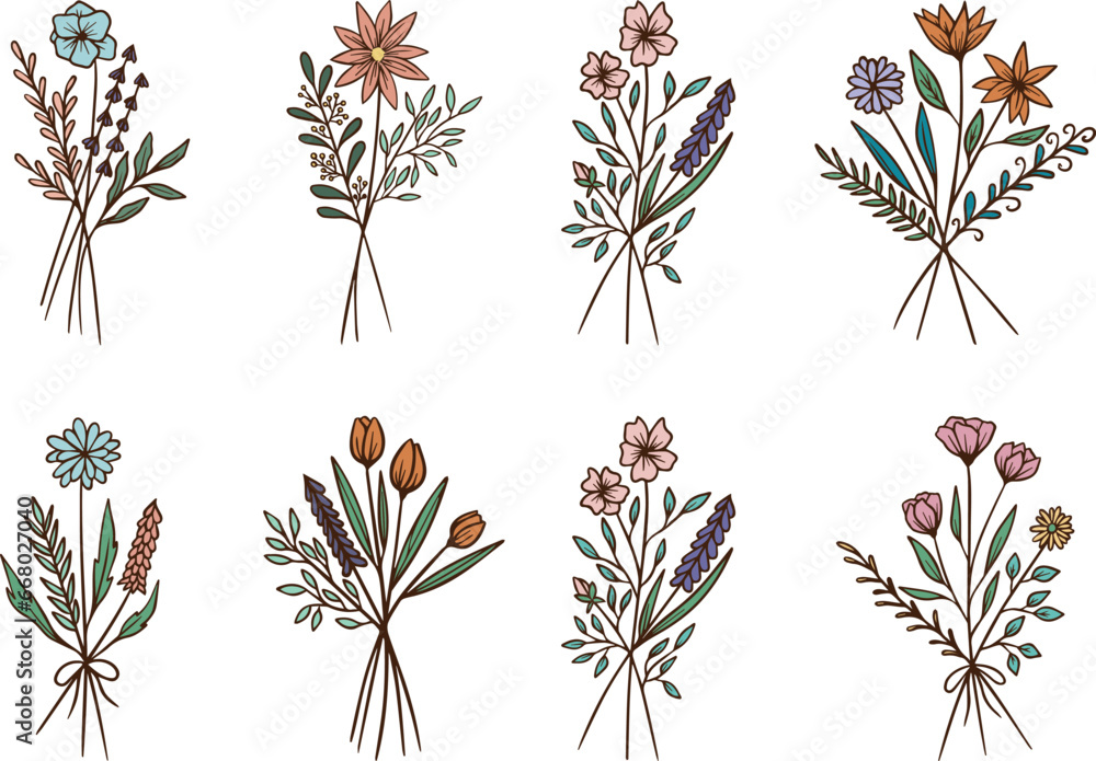 Floral Bouquet, Wildflower Bouquet, Hand Drawn Vector Illustration - obrazy, fototapety, plakaty 