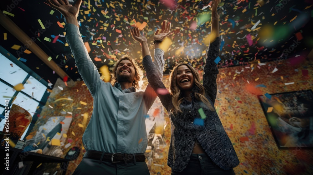 Coworkers in vibrant co-working space high-fiving surrounded by murals confetti falling. Coworkers in vibrant co-working space high-fiving surrounded by murals confetti falling.