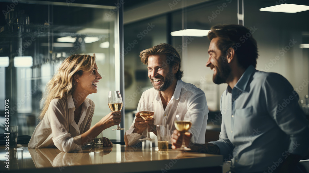 Team of three employees in modern office lounge clinking glasses celebrating success.