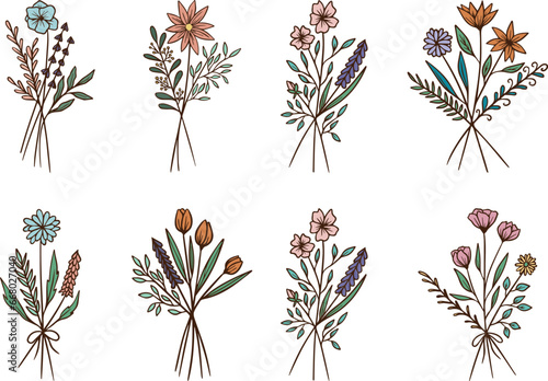 Floral Bouquet, Wildflower Bouquet, Hand Drawn Vector Illustration