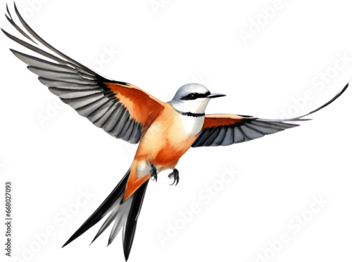 Watercolor paintings of colorful Scissor-tailed flycatcher birds. 