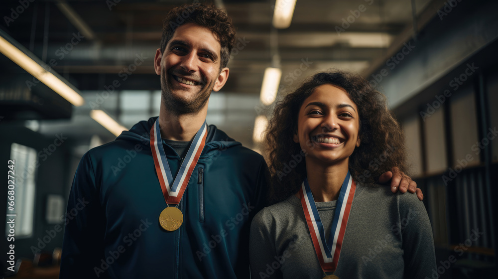 Two coworkers receive medals filled with gratitude and pride in a modern loft. - obrazy, fototapety, plakaty 