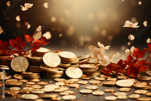 Coins and red flower`s leaves ai generated art.