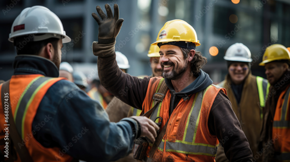 Workers high-five for project success.