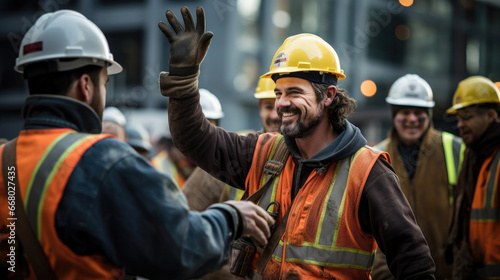 Workers high-five for project success.