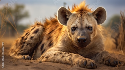 Portrait hyena isolated on nature Background. AI generated image © prastiwi