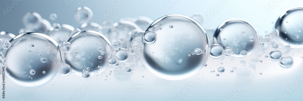 Close-up of white transparent drops liquid bubbles banner