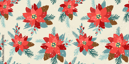 Christmas and Happy New Year seamless pattern. Christmas tree, flowers, berries. New Year symbols. Vector design