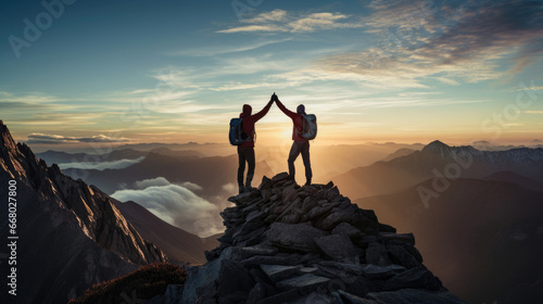 At the pinnacle a duo of mountain climbers give a triumphant high-five photo