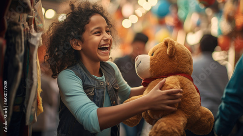 At a bustling carnival a vendor gives a delighted child a giant stuffed toy their faces brimming with the joy of a triumphant game. photo