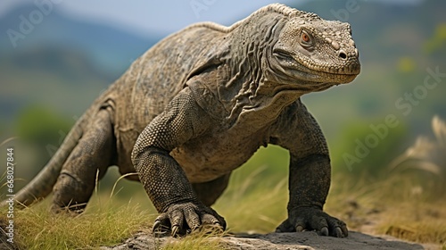 Big Komodo dragon walking on the ground. AI generated image photo
