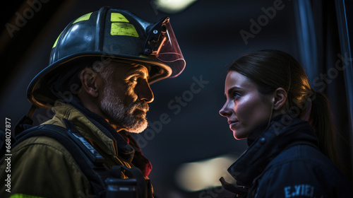 Firefighter and paramedic exchange a knowing look after a critical operation.