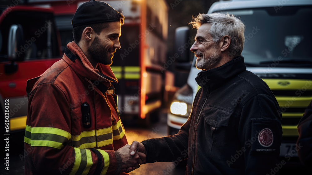 Firefighter and paramedic exchange a knowing look both expressing gratitude for successful collaboration