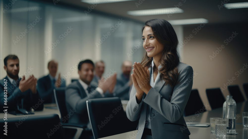 © javier - In a modern conference room a team leader applauds a dedicated colleague for their exceptional contributions to a successful project