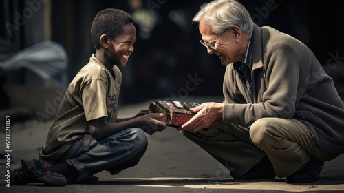 A mentor and a high-achieving protege share appreciative smiles the mentor offering a gift box as a token of recognition for the protege's exceptional work.