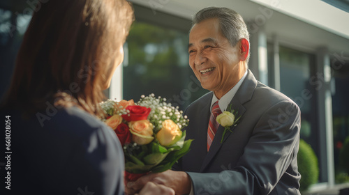 At a prestigious corporate event a senior executive extends a bouquet of flowers to a distinguished client expressing thanks for their enduring partnership and continued support.