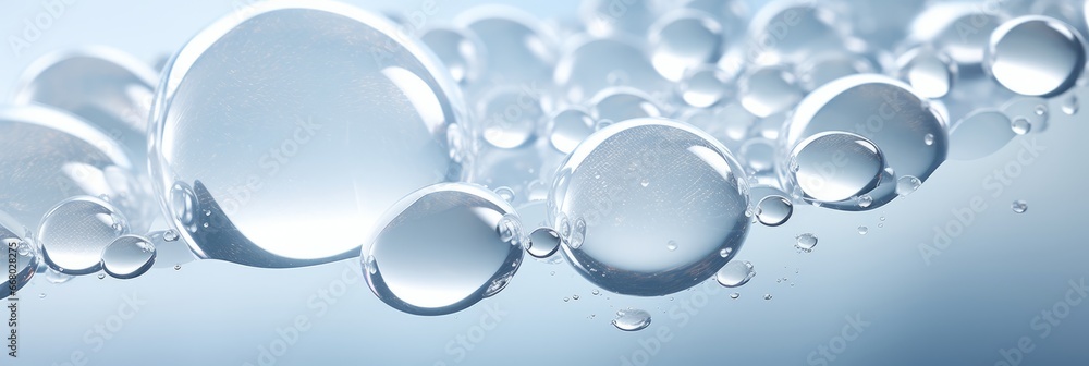 Close-up of white transparent drops liquid bubbles banner
