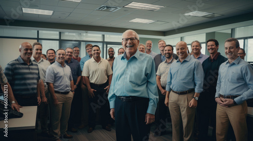The entire office gathers for a surprise farewell party to honor a retiring executive expressing gratitude for their years of leadership and dedication.